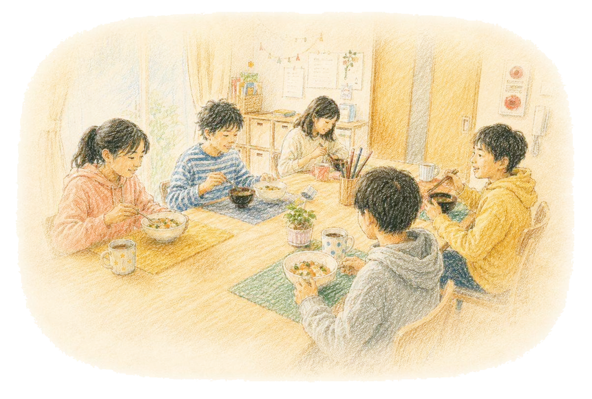 食卓を囲んで宿題やごはんの時間を過ごす子どもたちの色鉛筆画