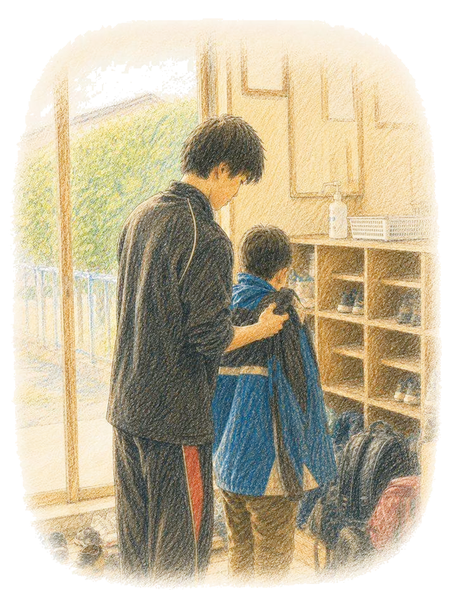 玄関で年下の子の上着を直してあげる年上の子の色鉛筆画