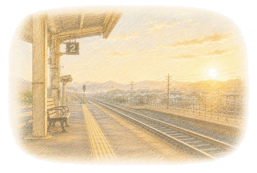 朝焼けの駅のホームとまっすぐ延びる線路の色鉛筆画