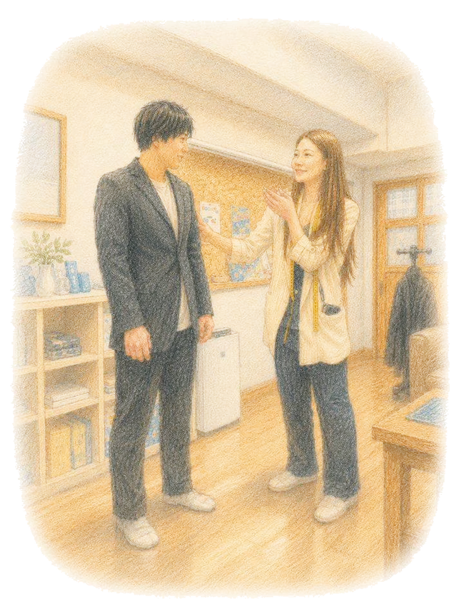袖を整えながら言葉をかけるテーラーと若者の色鉛筆画